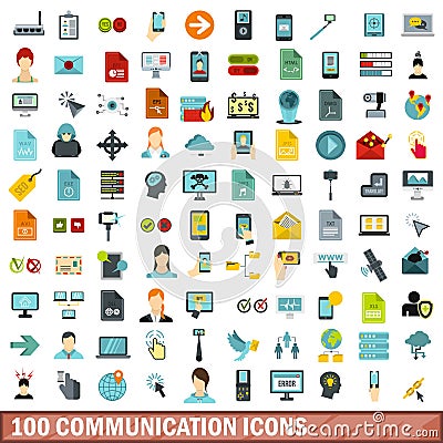 100 communication icons set, flat style Vector Illustration