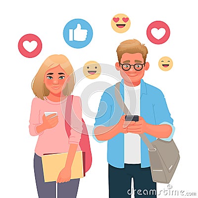 Communication on the Internet or a comment in the chat. The guy and the girl are holding smartphones. People and gadgets Cartoon Illustration