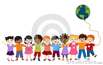 Communication isolated group of diverse multiethnic children standing together and holding each other. Diversity and culture. Onen Stock Photo