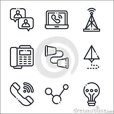 communication line icons. linear set. quality vector line set such as idea, share, call, send, communication, fax, antenna, video Vector Illustration