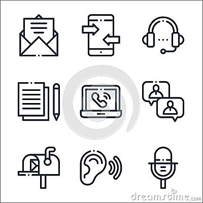 Communication line icons. linear set. quality vector line set such as microphone, listen, mailbox, conversation, video call, write Vector Illustration