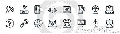Communication line icons. linear set. quality vector line set such as open, online, telephone, ask, webcam, like, video call, wifi Vector Illustration