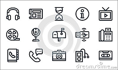 communication and media line icons. linear set. quality vector line set such as cassette, camera, contact book, music player, Vector Illustration