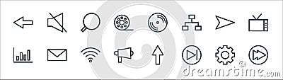 communication and media line icons. linear set. quality vector line set such as continue, next, megaphone, chart, send, searching Vector Illustration