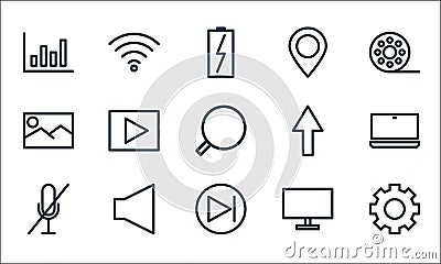 communication and media line icons. linear set. quality vector line set such as gear, next, mute, monitor, sound, picture, up Vector Illustration
