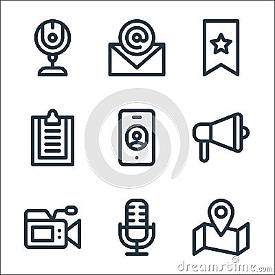 communication and media line icons. linear set. quality vector line set such as map, microphone, video camera, megaphone, Vector Illustration