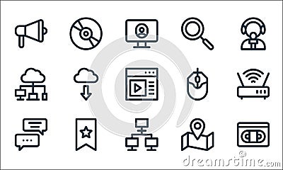 Communication and media line icons. linear set. quality vector line set such as vhs, computer monitor, chat box, map, bookmark, Vector Illustration