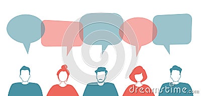 Communication of men and women. Community of young people. People icons with speech bubbles Vector Illustration