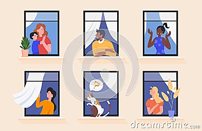 Communication and neighbors friendship, different people look from open windows of house Vector Illustration