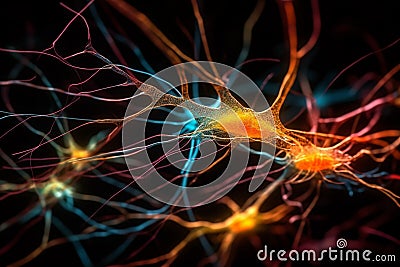 Communication between neurons via synapses. The neurons are shown as vibrant colorful cells with dendrites extending outwards. Ai Cartoon Illustration