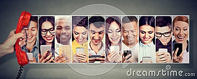 Communication over the telephone. Happy young people using mobile smart phone Stock Photo