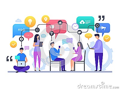 Communication people. Talking chatting global social network discussion vector characters concept scene Vector Illustration