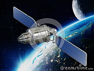 Communication satellite orbiting earth. 3D illustration Cartoon Illustration