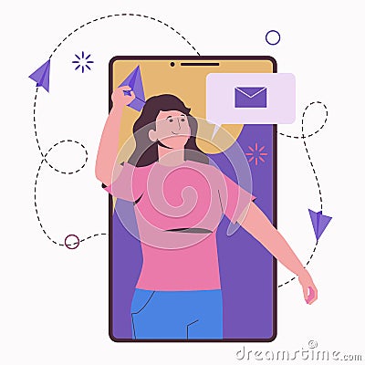 Communication by smartphone. The girl sends an airplane or a message. Chatting with friends and colleagues, social networks sendin Cartoon Illustration