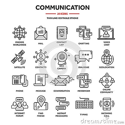 Communication,social media and online chatting. Phone call,app messenger. Mobile,smartphone. Computing, email. Thin line Vector Illustration