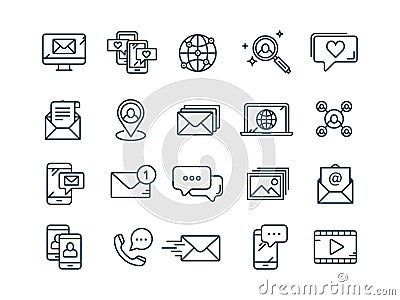 Communication,social media and online chatting. Phone call,app messenger. Mobile,smartphone. Computing, email. Thin line Vector Illustration