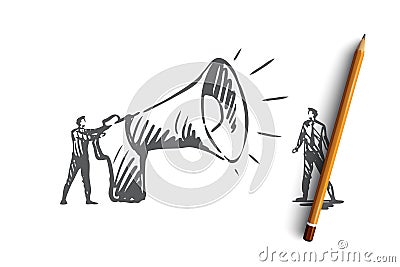 Communication, speaker, megaphone, announcement concept. Hand drawn isolated vector. Vector Illustration