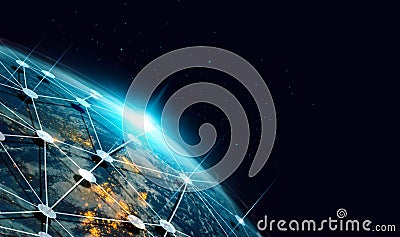 Communication technology and internet worldwide for business. Global world network connected and telecommunication on earth and Stock Photo