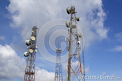 communication and telecommunication pole in nature on blue sky at asia Stock Photo