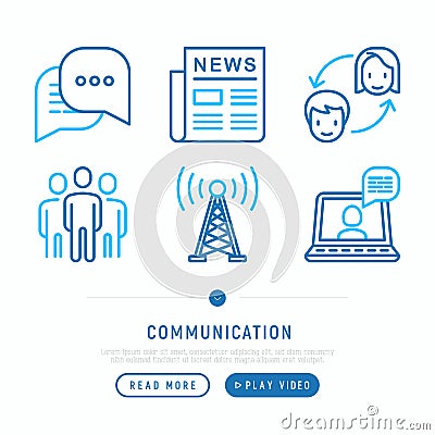 Communication thin line icons set: e-mail, newspaper, letter, ch Cartoon Illustration