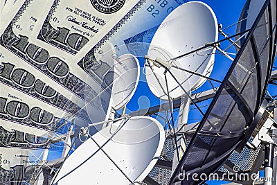 Communication tools and television a background of money . Stock Photo