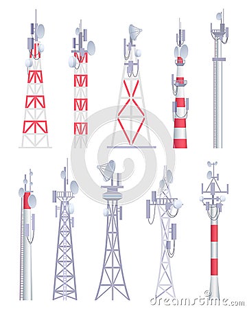 Communication tower. Cellular broadcasting tv wireless radio antena satellite construction vector pictures in cartoon Vector Illustration