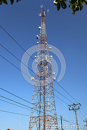 communication tower. Telco Trellis for 3G 4G 5G Apocalypse Internet Communication, mobile, FM Radio and Television Broadcasting On Stock Photo