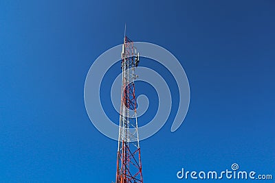 communication tower. Telco Trellis for 3G 4G 5G Apocalypse Internet Communication, mobile, FM Radio and Television Broadcasting On Stock Photo