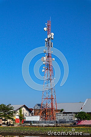 communication tower. Telco Trellis for 3G 4G 5G Apocalypse Internet Communication, mobile, FM Radio and Television Broadcasting On Stock Photo