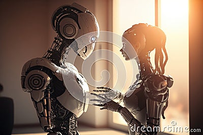 Communication between two robots of different genders. Created with Generative AI technology Stock Photo