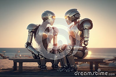 Communication between two robots using artificial intelligence. Created with Generative AI technology Stock Photo