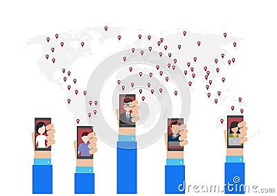 Communication via smartphone Online application application Able to reach people all over the world. Flat style cartoon Vector Illustration