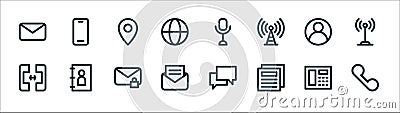 communications line icons. linear set. quality vector line set such as call, newspaper, message, calling, user, location, Vector Illustration