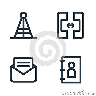 communications line icons. linear set. quality vector line set such as phone book, message, calling Vector Illustration