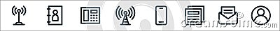 communications line icons. linear set. quality vector line set such as user, message, newspaper, smartphone, telephone, phone book Vector Illustration