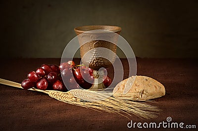 Communion Table With Wine Bread Grapes and Wheat Stock Photo