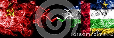 Communist vs Central African Republic abstract smoky mystic flags placed side by side. Thick colored silky smoke flags of Stock Photo