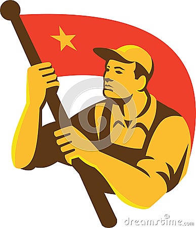 Communist Worker With Red Flag Star Retro Vector Illustration