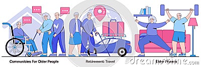 Communities for Pensioners, Retirement Travel, and Elderly Fitness Illustrated Pack Vector Illustration