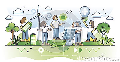 Community based renewable energy for green electricity outline concept Vector Illustration