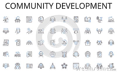 community development line icons collection. Automobile, Car, Truck, Motorcycle, Van, Bus, SUV vector and linear Vector Illustration