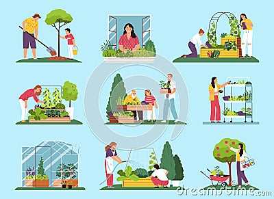 Community Garden Flat Color Set Vector Illustration