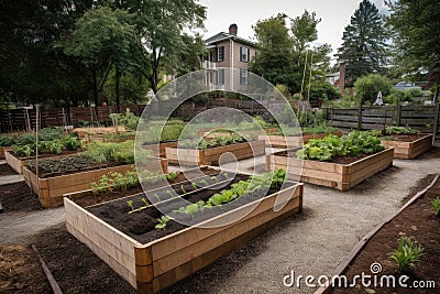 community garden with rows of freshly planted vegetable and herbs beds Stock Photo