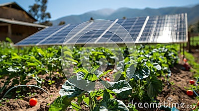 A community garden with a solarpowered irrigation system with the panels clearly visible in the background. . Stock Photo