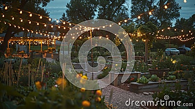A community garden with solarpowered string lights creating a beautiful and sustainable ambiance for evening gatherings Stock Photo