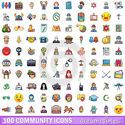 100 community icons set, cartoon style Vector Illustration