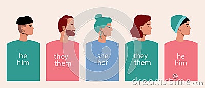 Community of people, different gender, Flat vector stock illustration with Gender pronouns, he, she, they are as a Concept of a Cartoon Illustration