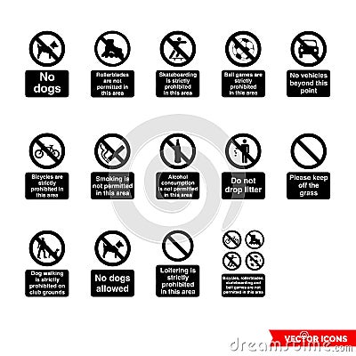 Community safety prohibitory signs icon set of black and white types. Isolated vector sign symbols. Icon pack Stock Photo