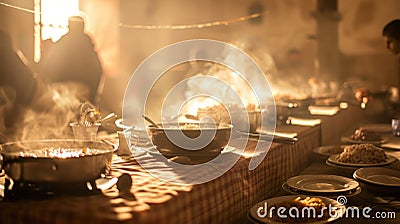 Community soup kitchen scene, hot food for those in need, tables ready, warm conversations, soup steam rising Stock Photo