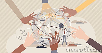 Community support and teamwork unity in complex challenge tiny person concept Vector Illustration